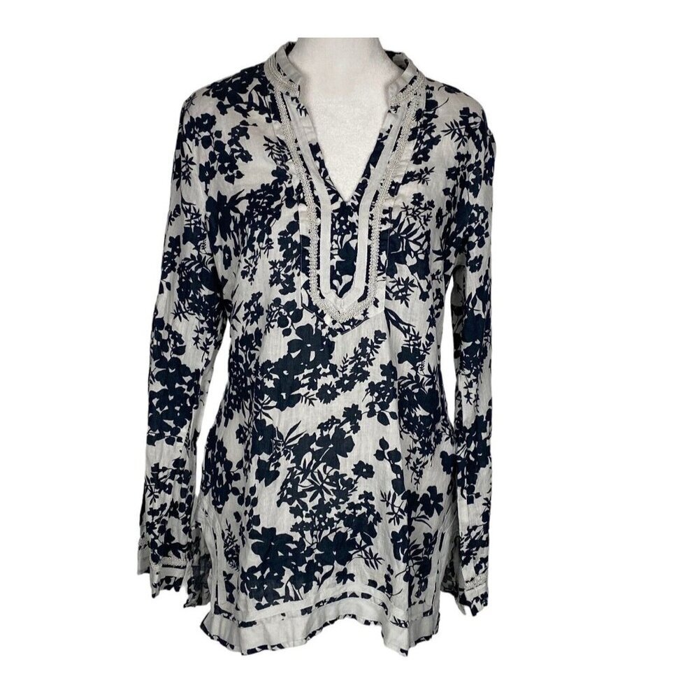 MALVIN Germany Women I Love Linen Blouse Long Sleeve Tunic Sz M Black White hb-9